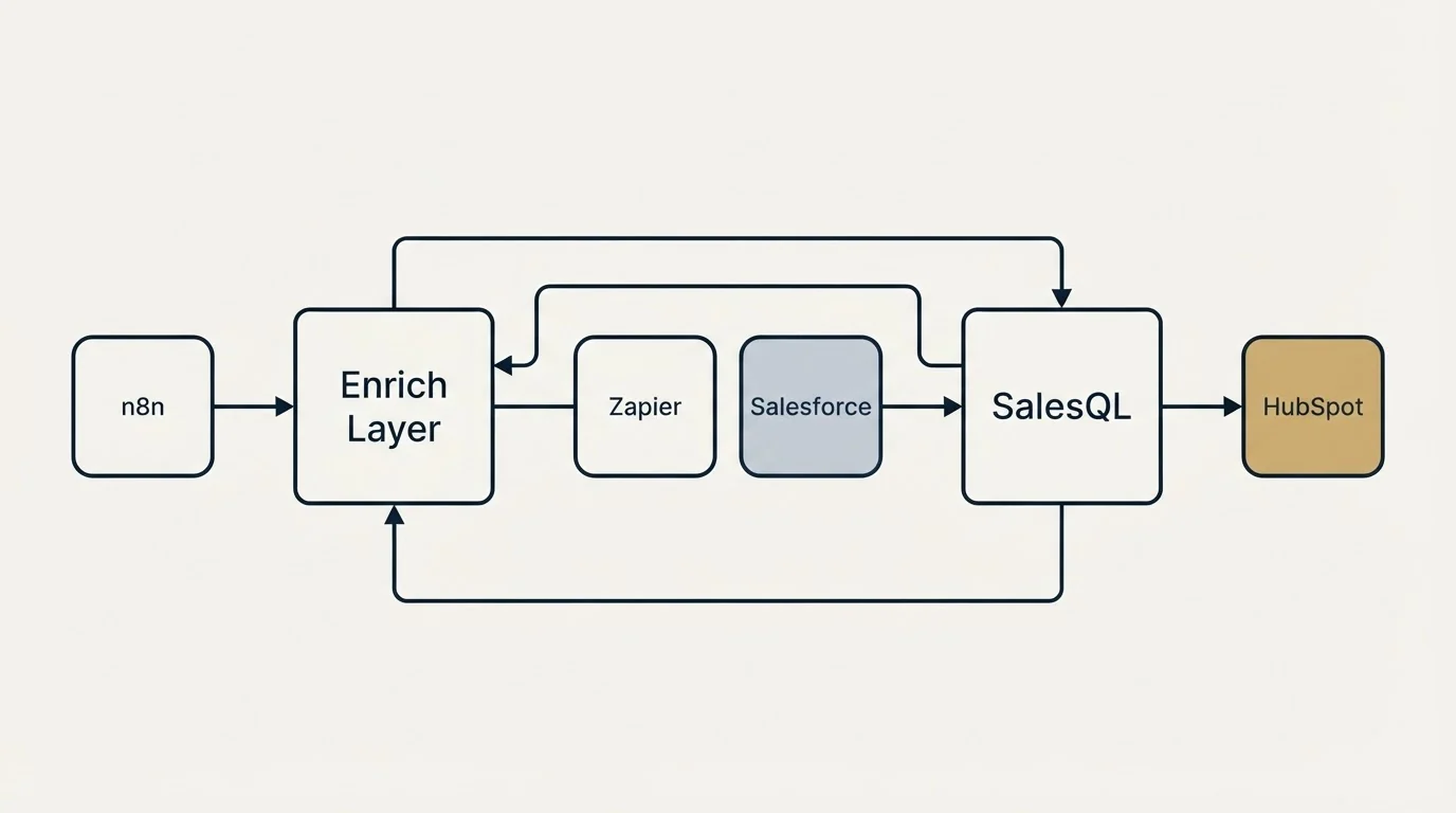Integration schematic: Integration Ecosystem (Enrich Layer, SalesQL, Zapier, Salesforce)
