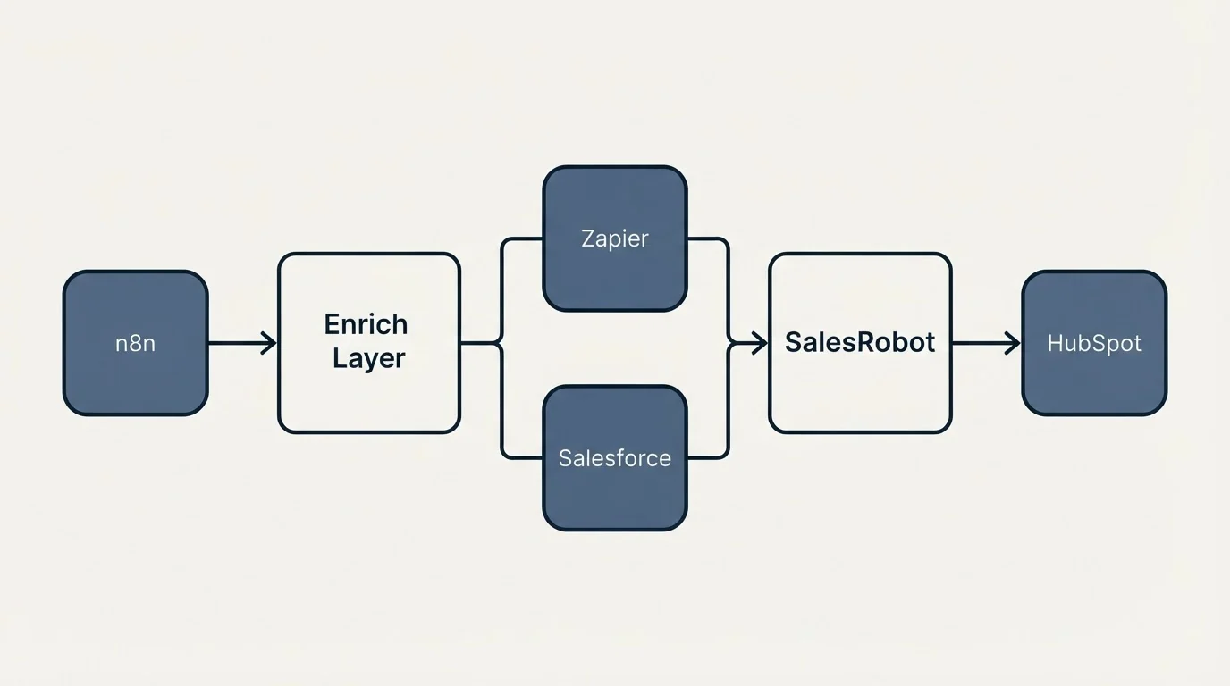 Integration flow: Integration Ecosystem (Enrich Layer, SalesRobot, Zapier, Salesforce)