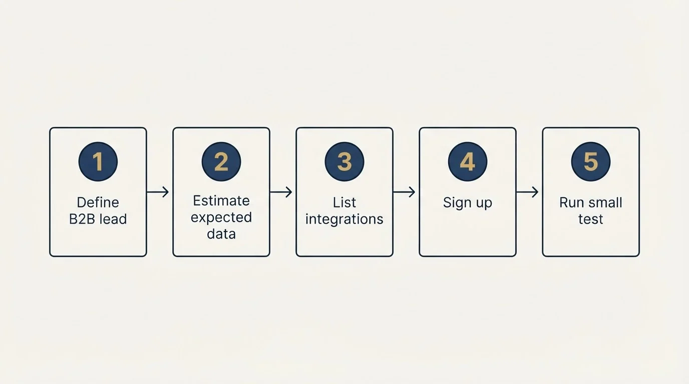 Step sequence: Getting Started Checklist (Define B2B lead, Estimate expected data, List integrations, Sign up)