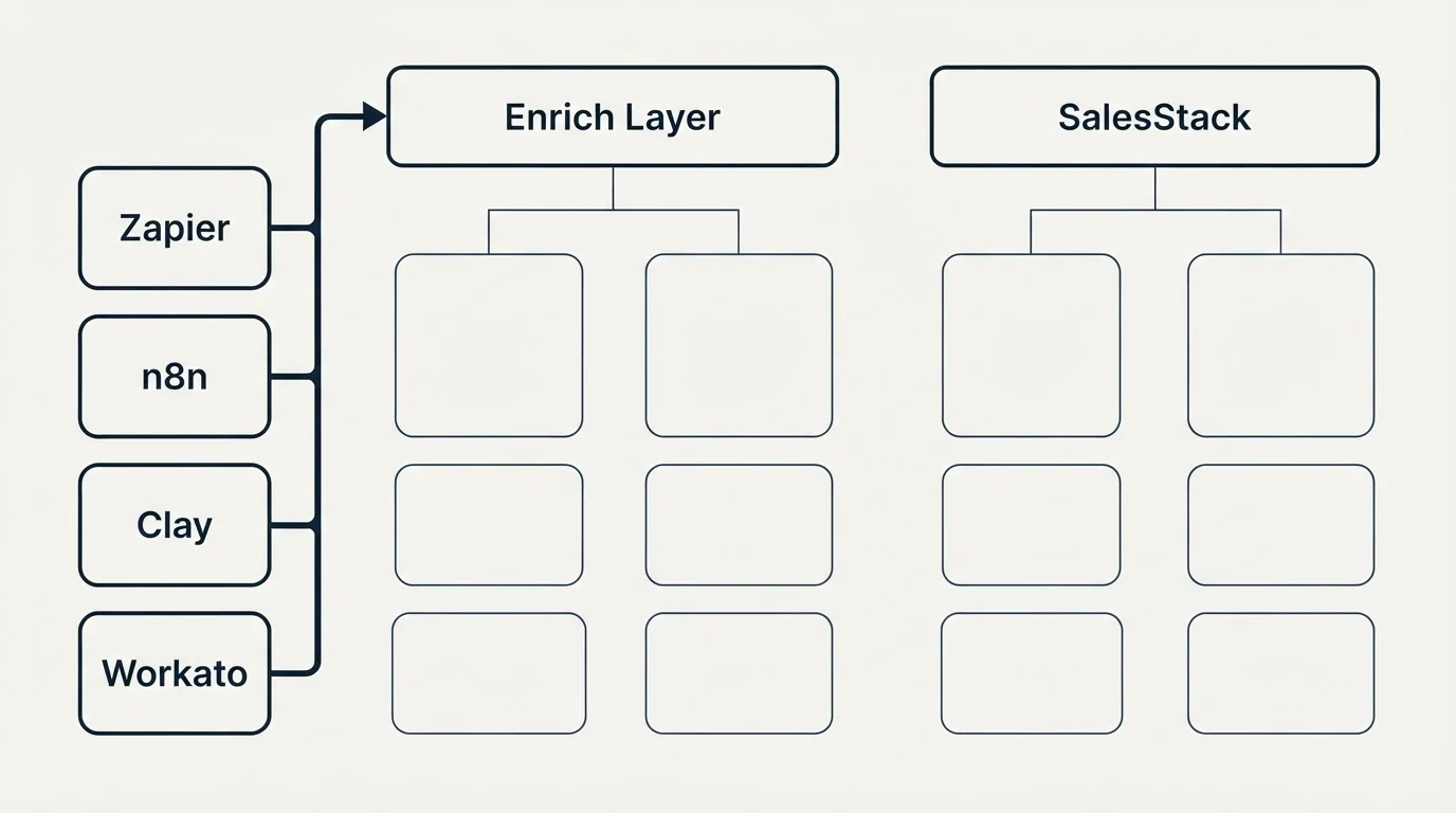 Integration grid: Integration Ecosystem (Enrich Layer, SalesStack, Zapier, n8n)