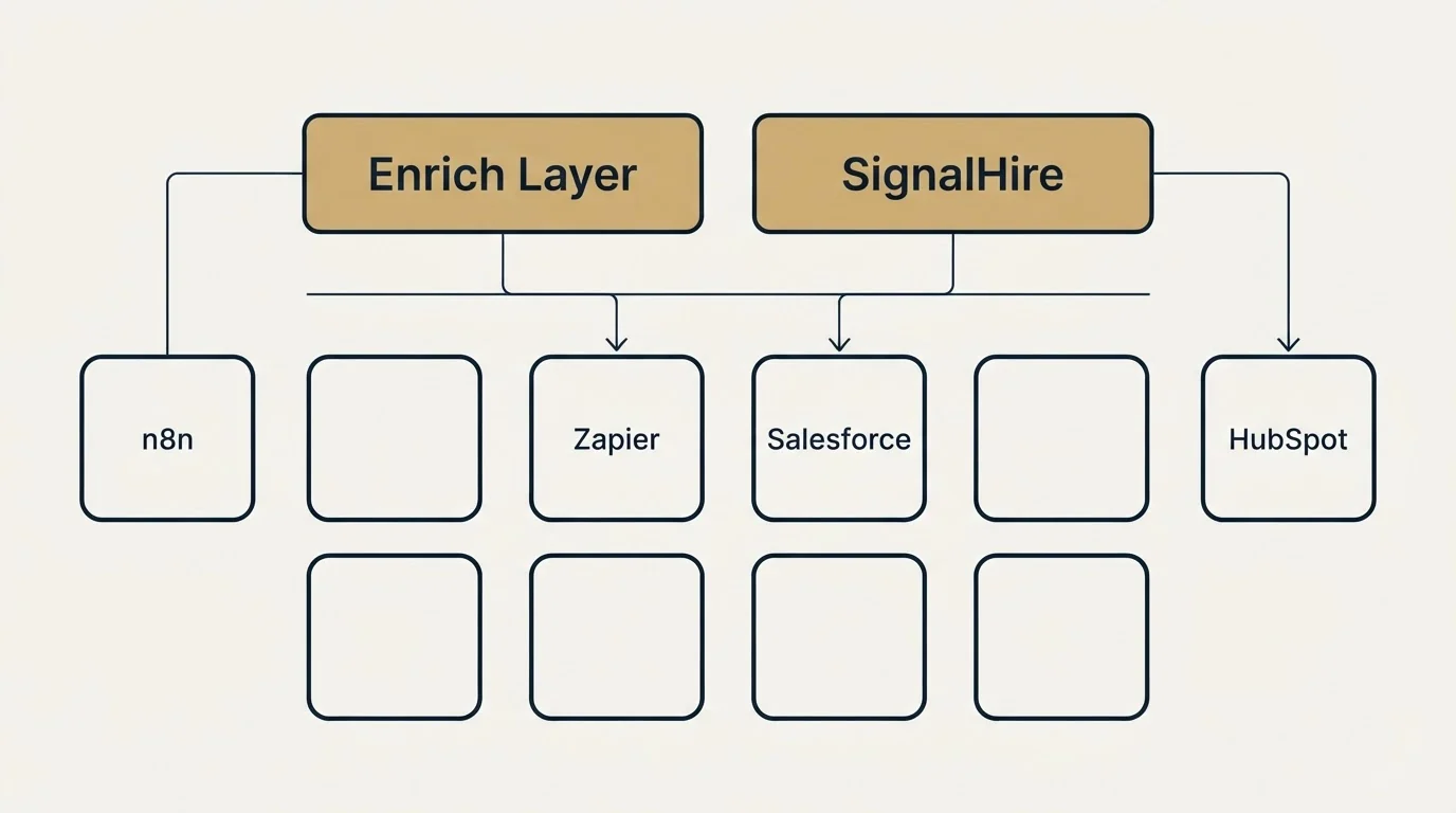 Integration grid: Integration Ecosystem (Enrich Layer, SignalHire, Zapier, Salesforce)