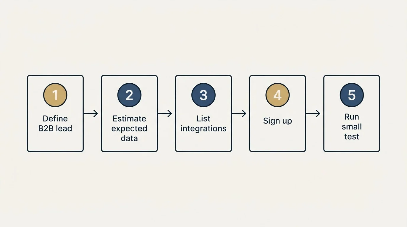 Step sequence: Getting Started Checklist (Define B2B lead, Estimate expected data, List integrations, Sign up)