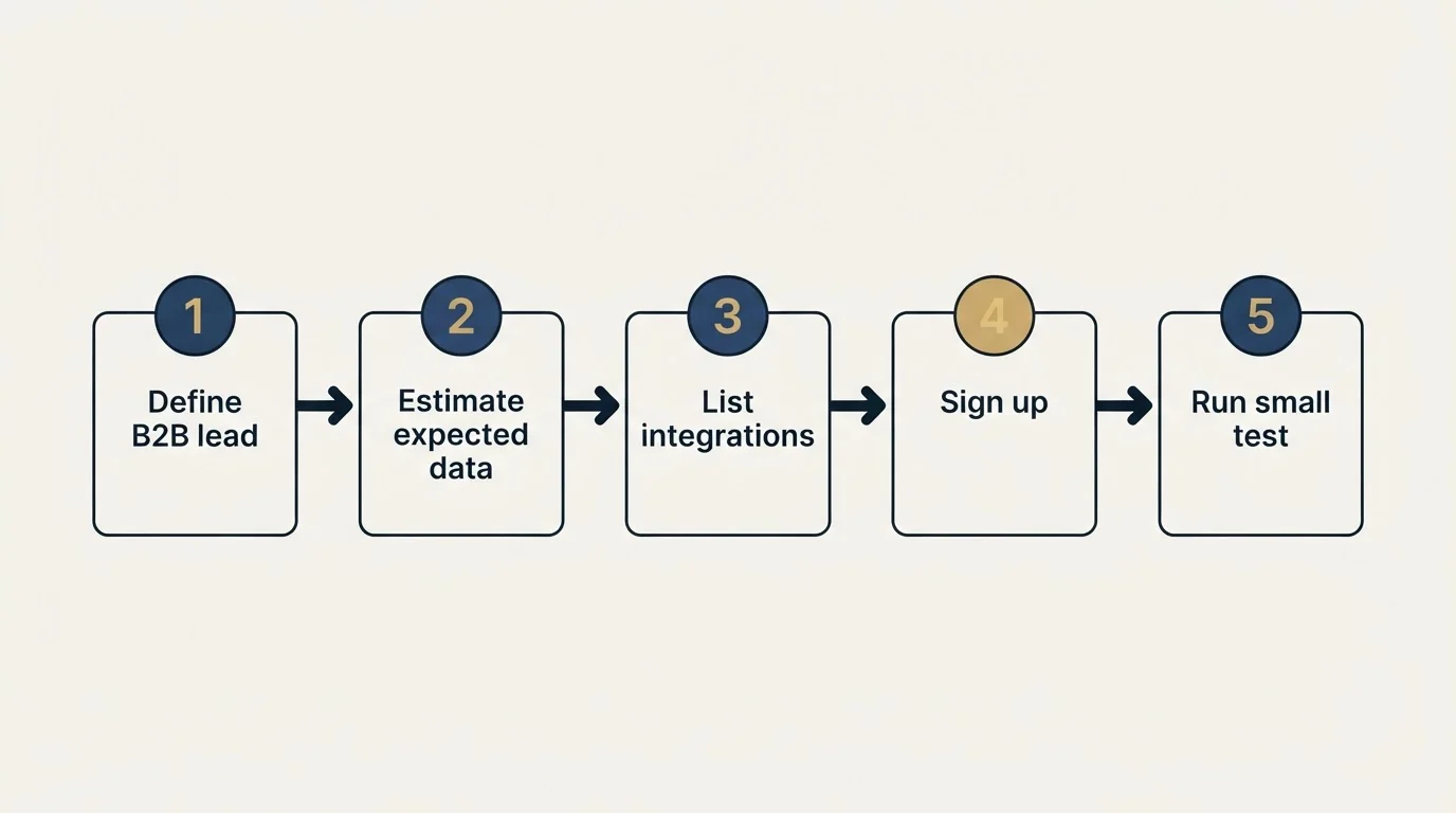 Step sequence: Getting Started Checklist (Define B2B lead, Estimate expected data, List integrations, Sign up)
