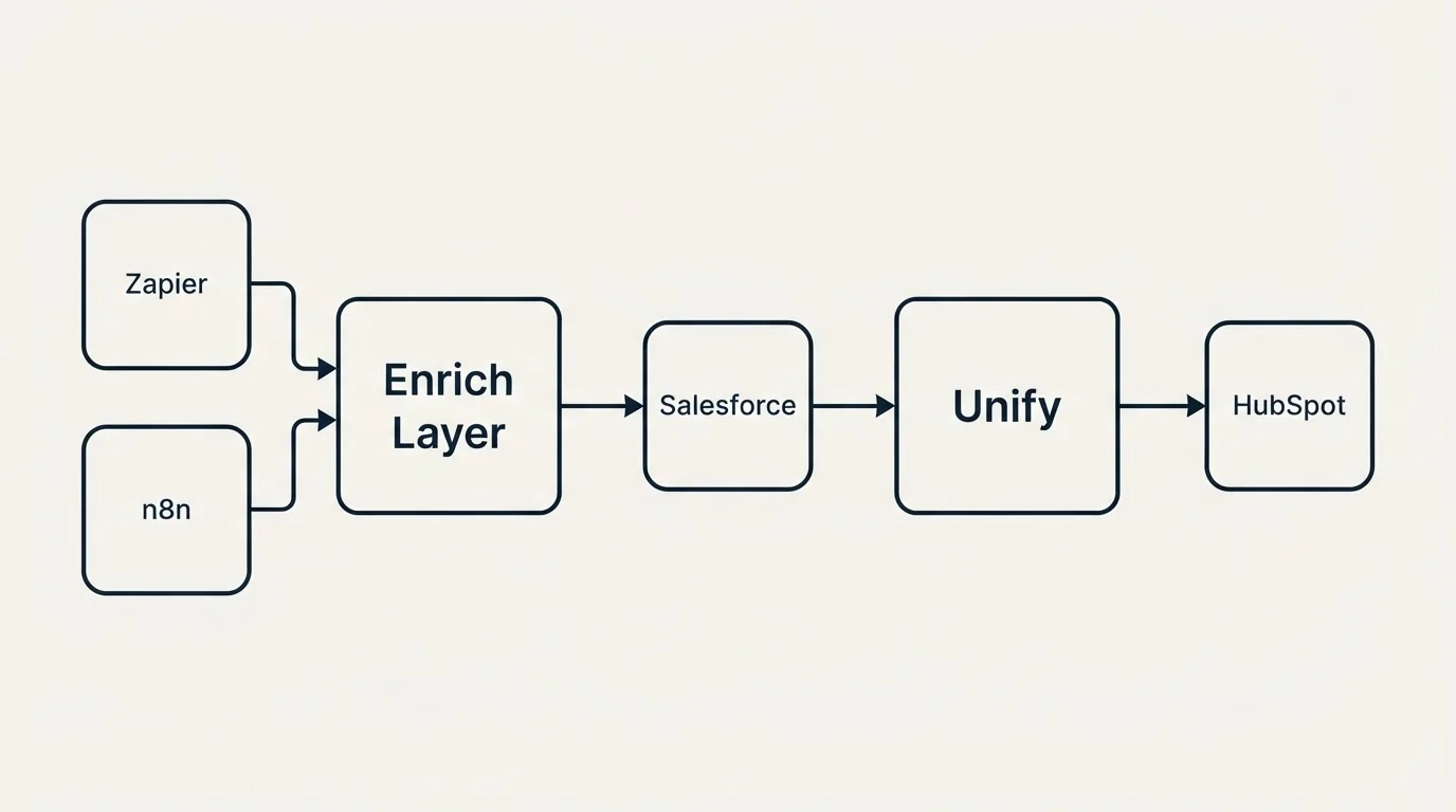 Integration schematic: Integration Ecosystem (Enrich Layer, Unify, Salesforce, Zapier)