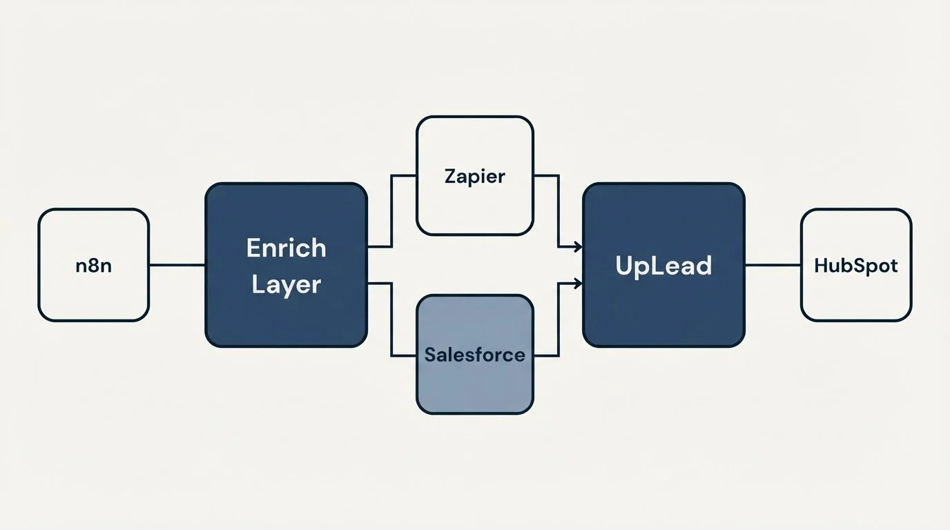 Integration flow: Integration Ecosystem (Enrich Layer, UpLead, Zapier, Salesforce)