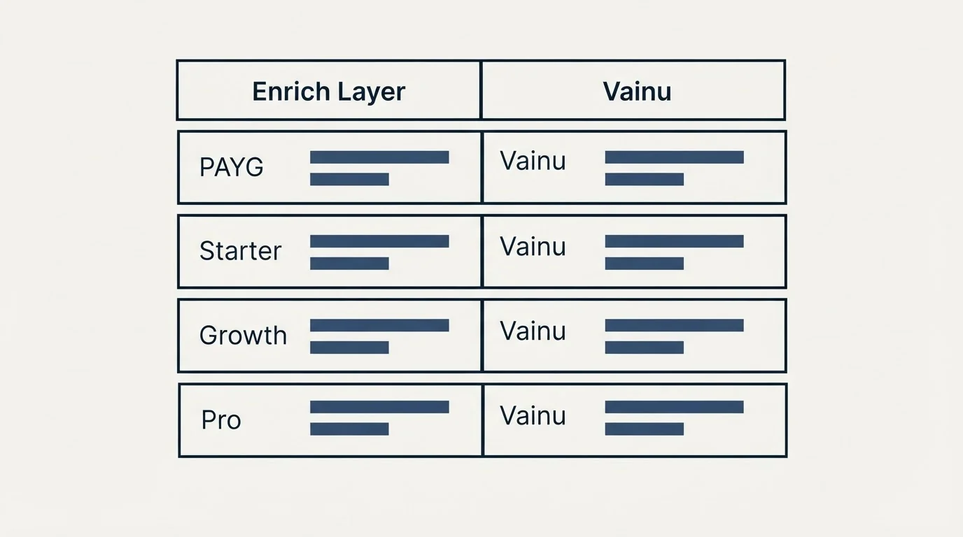 Pricing table: Pricing Comparison (Enrich Layer, Vainu, PAYG, Starter)