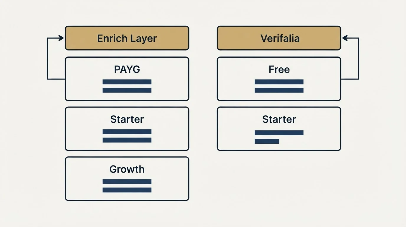 Pricing table: Pricing Comparison (Enrich Layer, Verifalia, PAYG, Free)