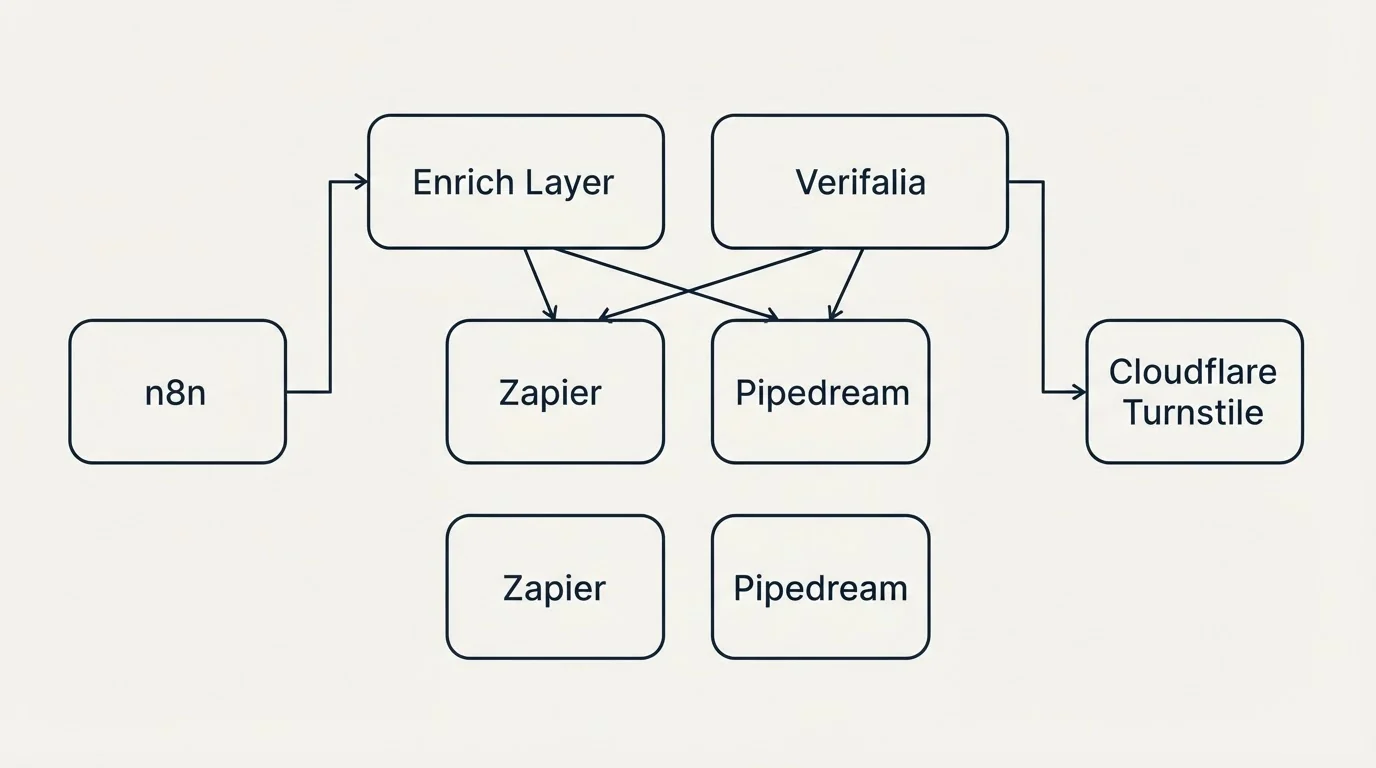 Integration grid: Integration Ecosystem (Enrich Layer, Verifalia, Zapier, Pipedream)