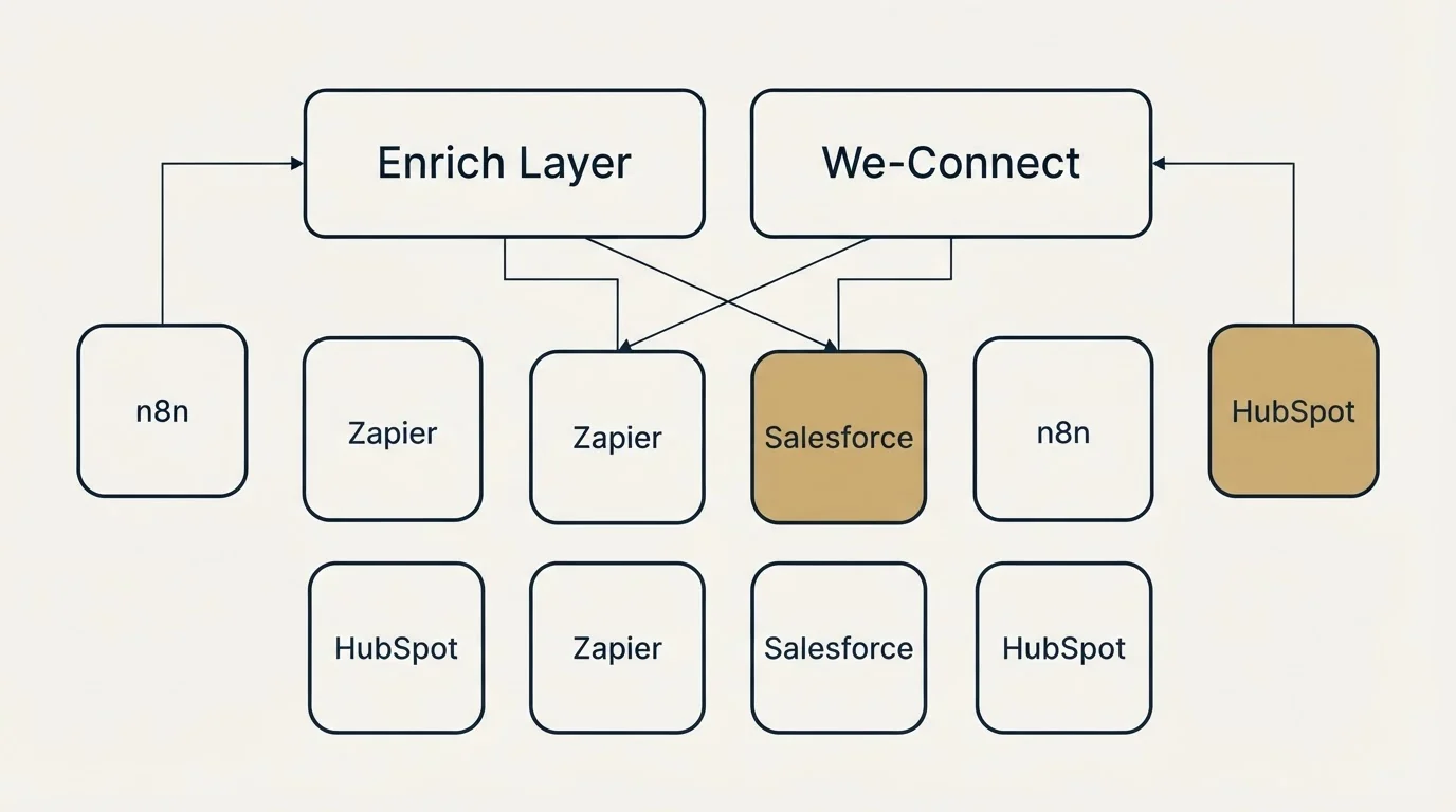 Integration grid: Integration Ecosystem (Enrich Layer, We-Connect, Zapier, Salesforce)