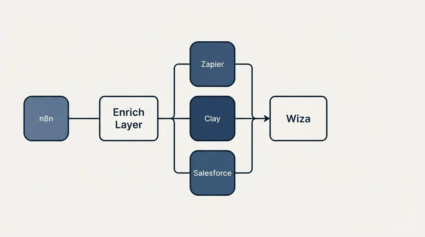 Integration flow: Integration Ecosystem (Enrich Layer, Wiza, Zapier, Clay)
