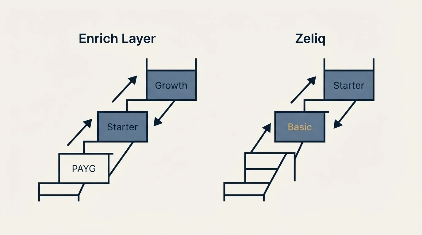 Pricing ladder: Pricing Comparison (Enrich Layer, Zeliq, PAYG, Basic)