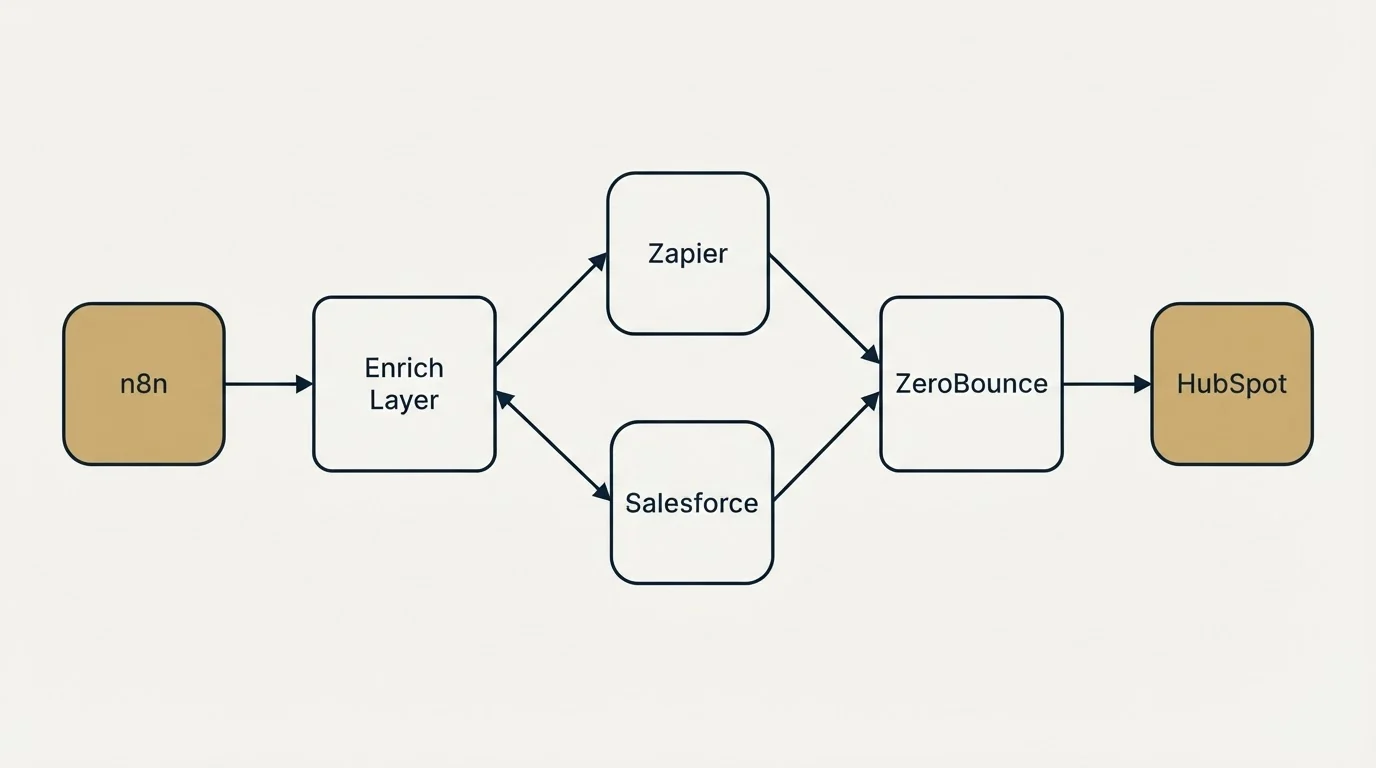 Integration schematic: Integration Ecosystem (Enrich Layer, ZeroBounce, Zapier, Salesforce)