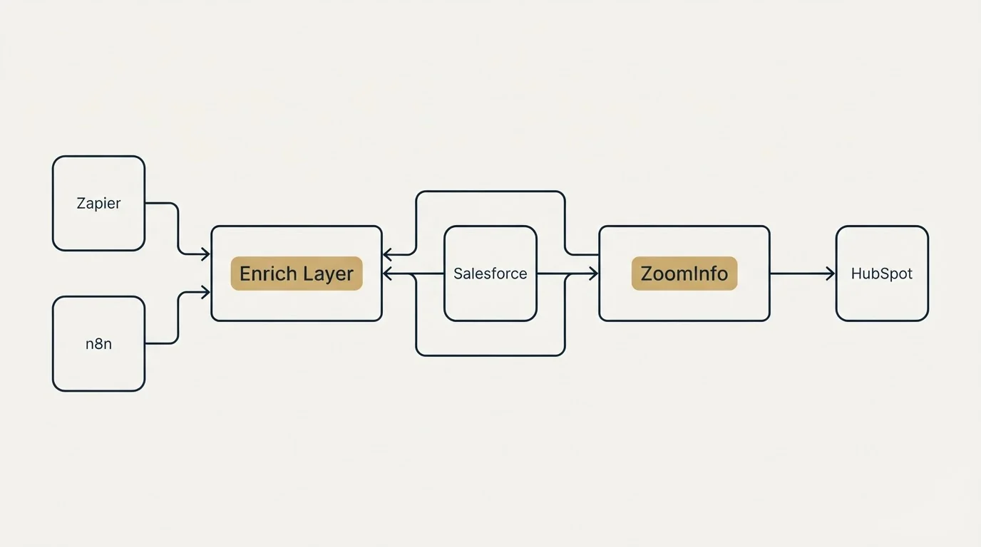 Integration schematic: Integration Ecosystem (Enrich Layer, ZoomInfo, Salesforce, Zapier)