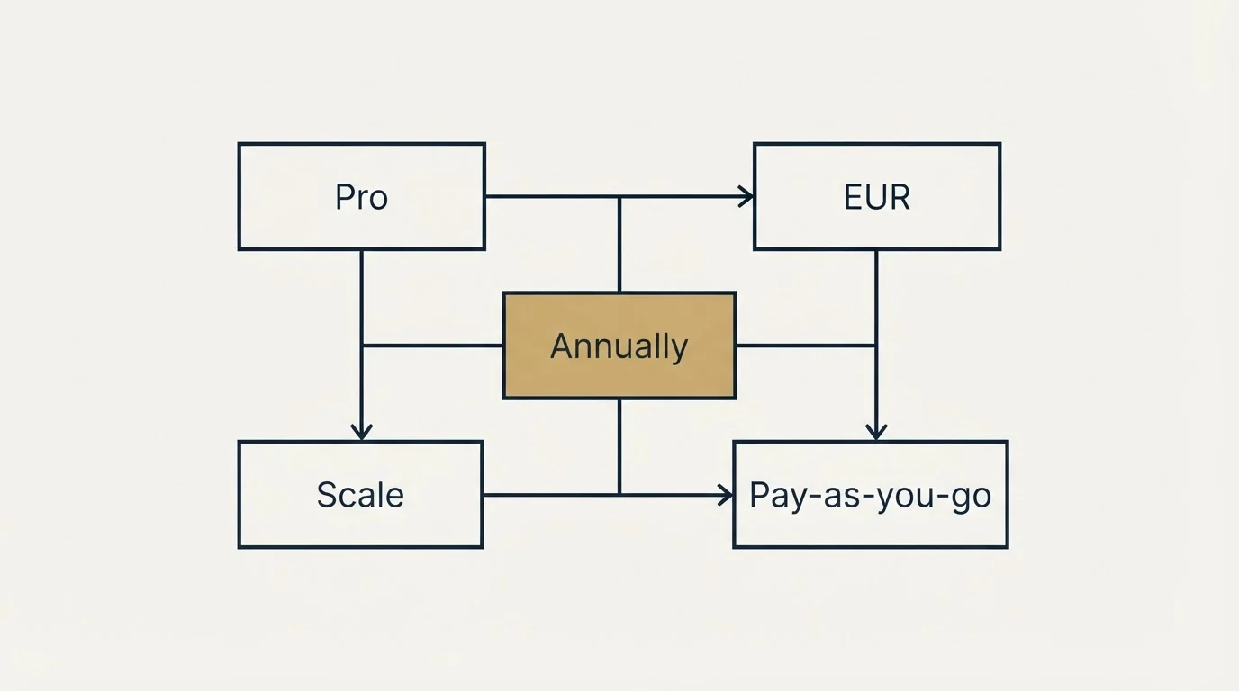 Schematic: The annual and pay-as-you-go tabs (Annually, Pro, EUR, Scale)