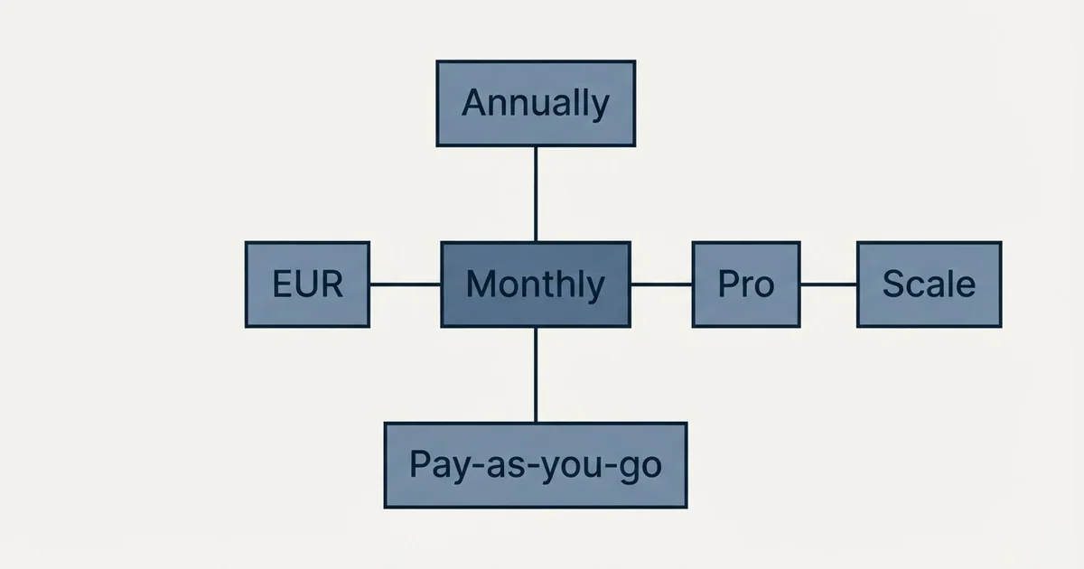 Schematic: Enrow Pricing (Monthly, Annually, Pay-as-you-go, EUR)