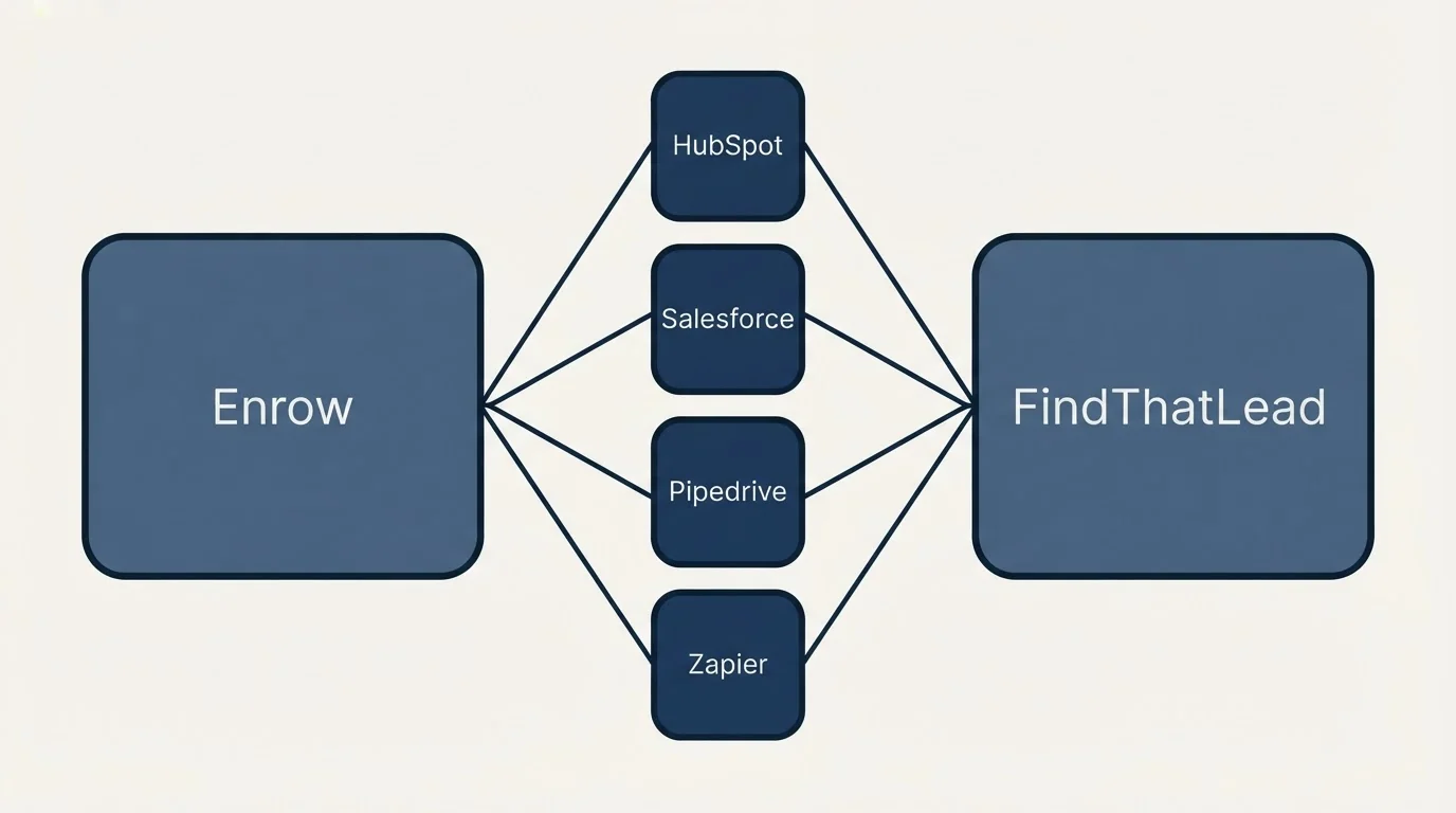 Integration schematic: Integration Ecosystem (Enrow, FindThatLead, HubSpot, Salesforce)
