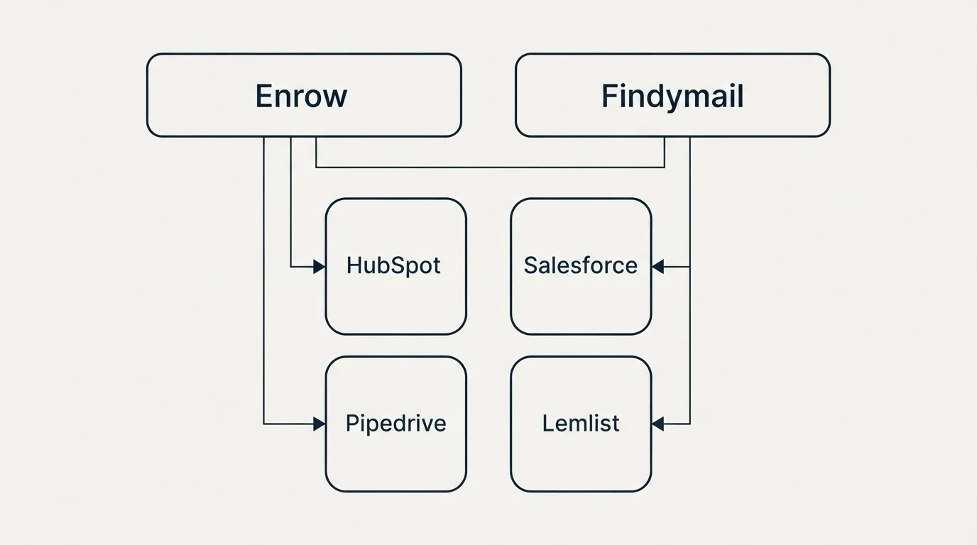 Integration grid: Integration Ecosystem (Enrow, Findymail, HubSpot, Salesforce)