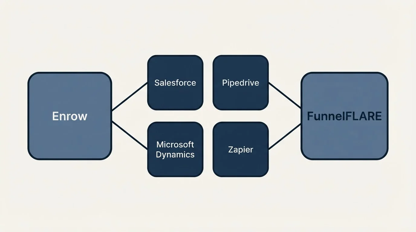 Integration schematic: Integration Ecosystem (Enrow, FunnelFLARE, Salesforce, Pipedrive)