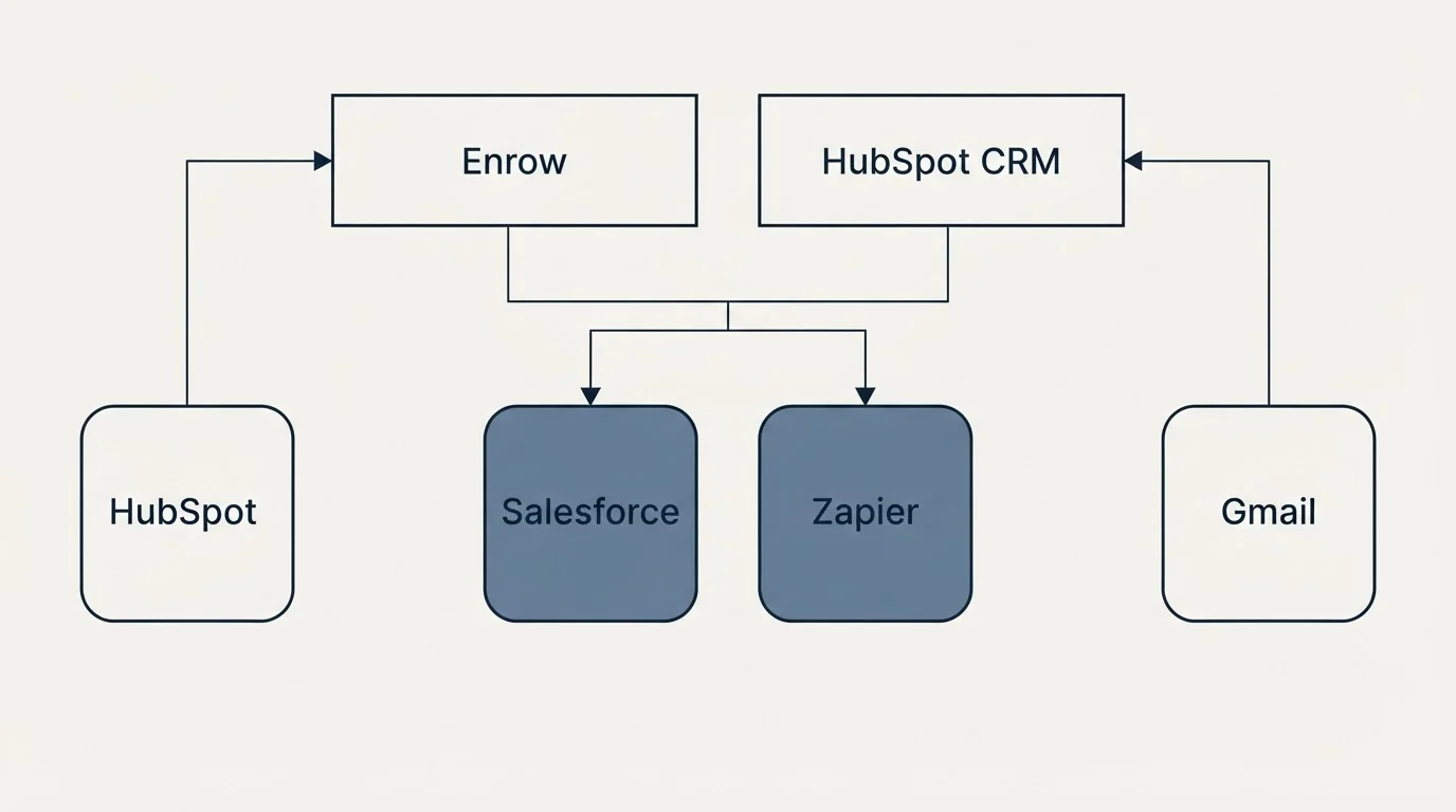 Integration grid: Integration Ecosystem (Enrow, HubSpot CRM, Salesforce, Zapier)