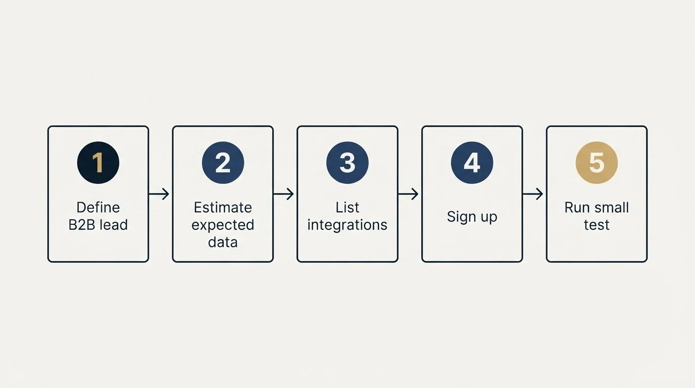 Step sequence: Getting Started Checklist (Define B2B lead, Estimate expected data, List integrations, Sign up)