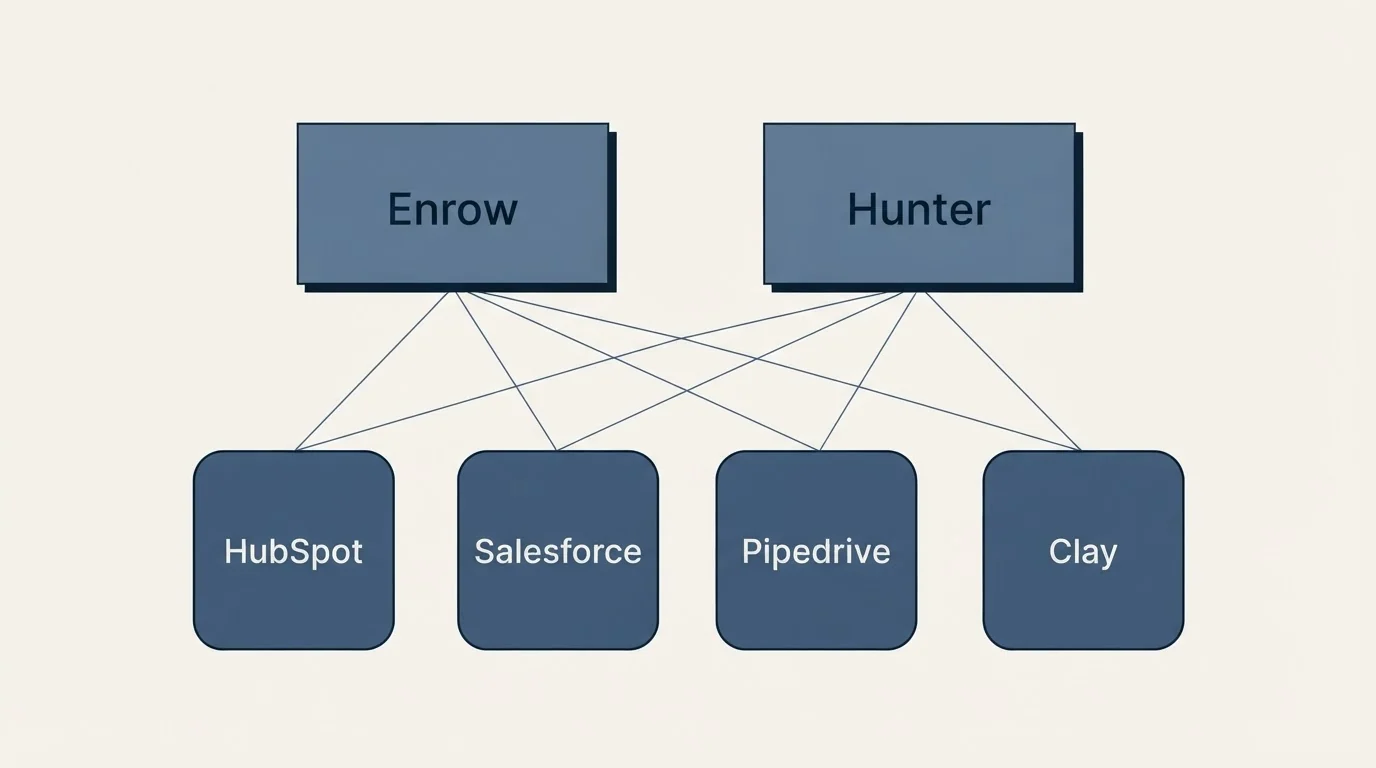 Integration grid: Integration Ecosystem (Enrow, Hunter, HubSpot, Salesforce)