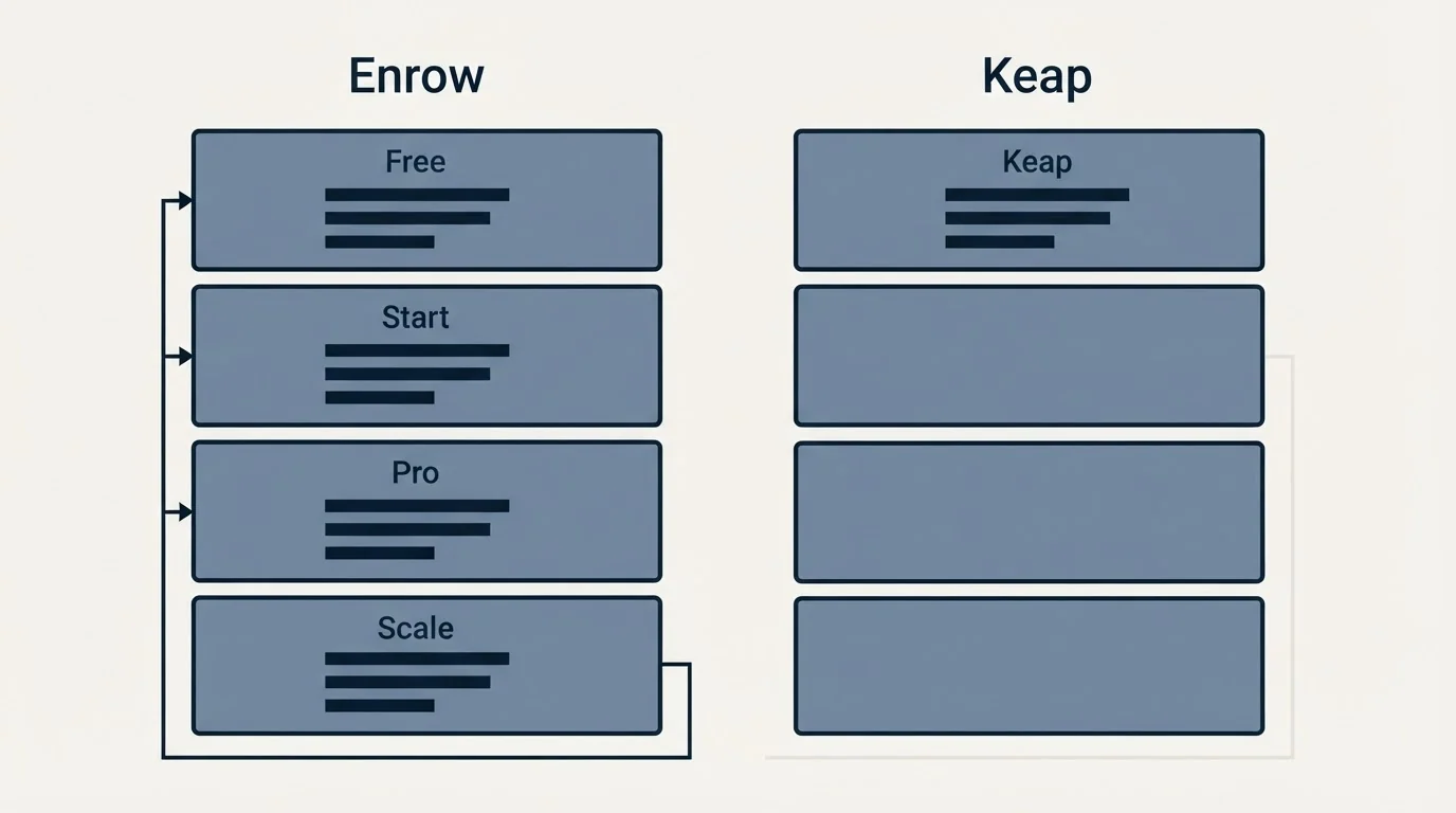 Pricing panels: Pricing Comparison (Enrow, Keap, Free, Start)