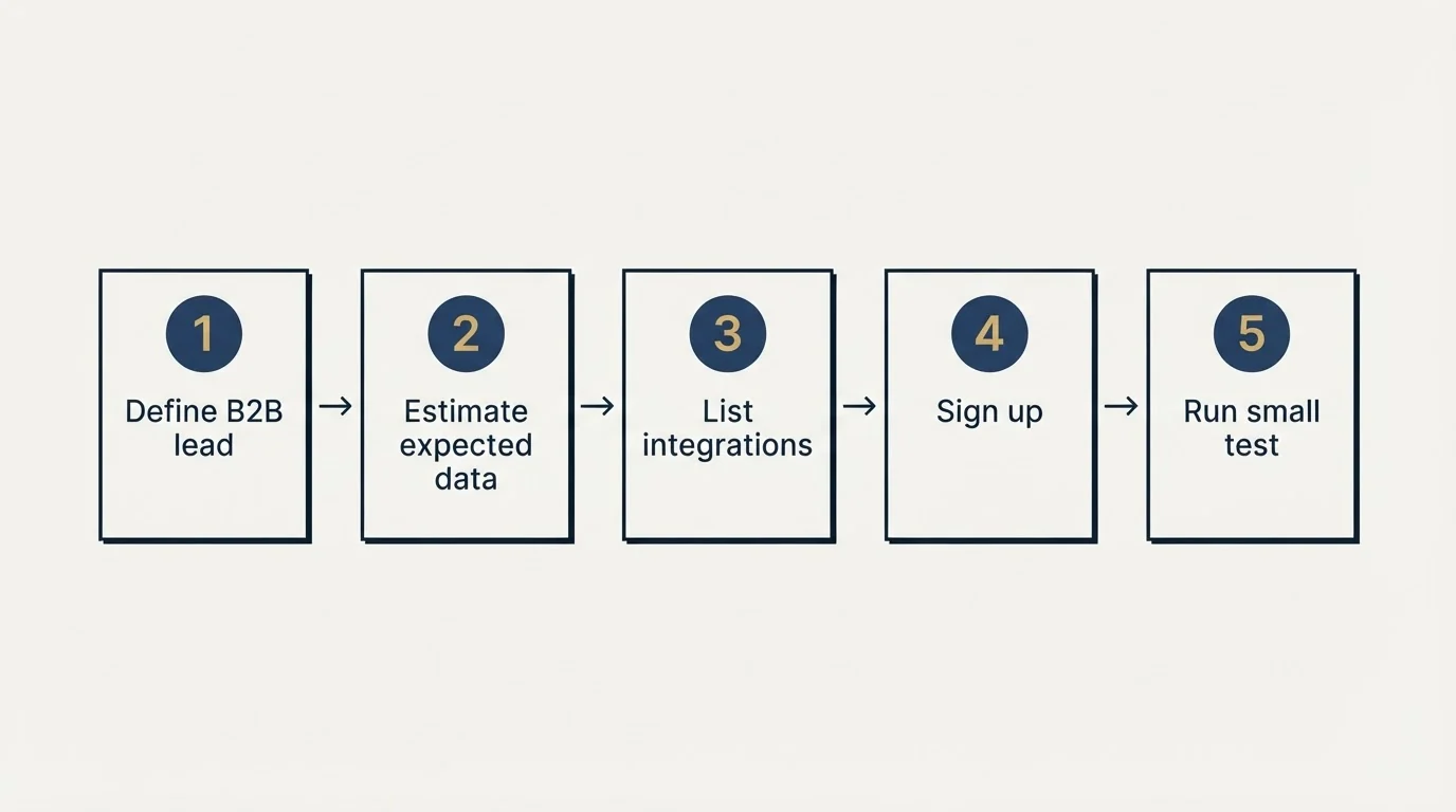 Step sequence: Getting Started Checklist (Define B2B lead, Estimate expected data, List integrations, Sign up)