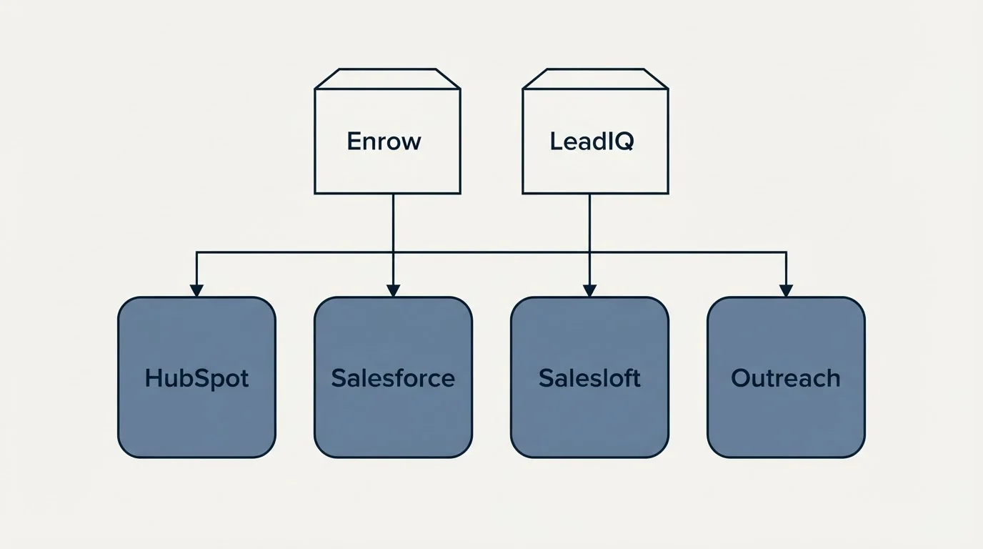Integration grid: Integration Ecosystem (Enrow, LeadIQ, HubSpot, Salesforce)