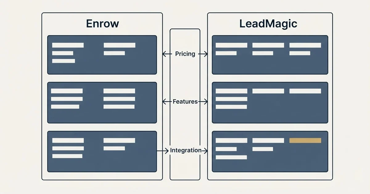 Comparison panel: Enrow vs LeadMagic (Pricing, Features, Integration)