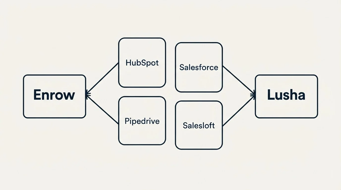 Integration schematic: Integration Ecosystem (Enrow, Lusha, HubSpot, Salesforce)