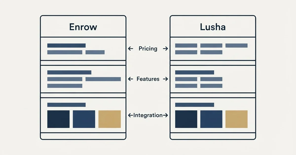 Comparison panel: Enrow vs Lusha (Pricing, Features, Integration)