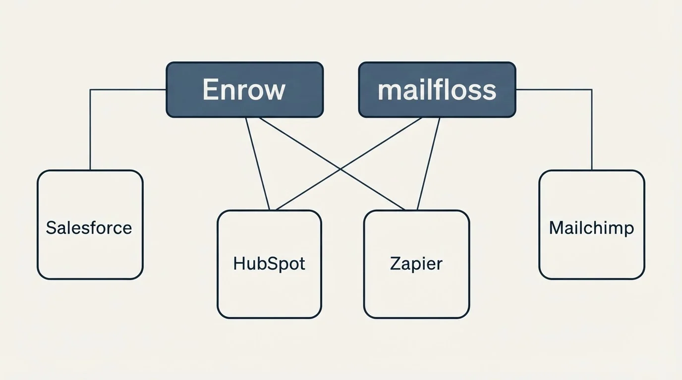 Integration grid: Integration Ecosystem (Enrow, mailfloss, HubSpot, Zapier)