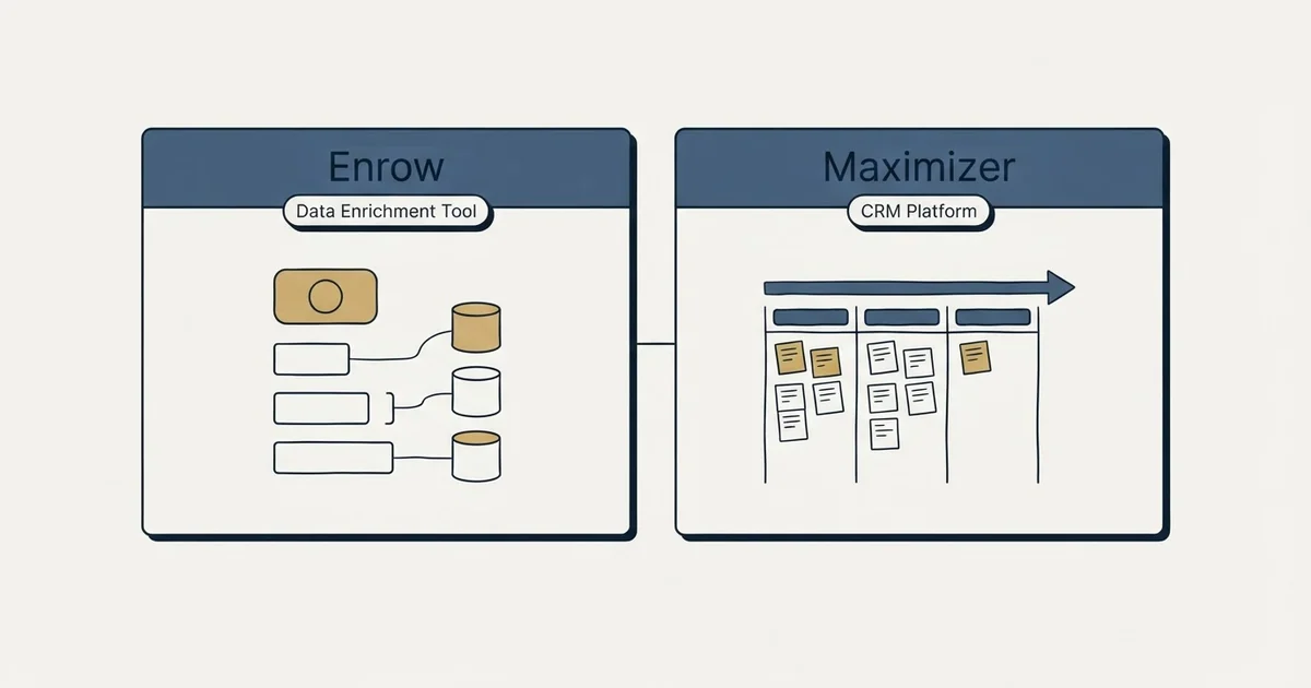 Side-by-side panels: Enrow vs Maximizer (Data Enrichment Tool, CRM Platform)