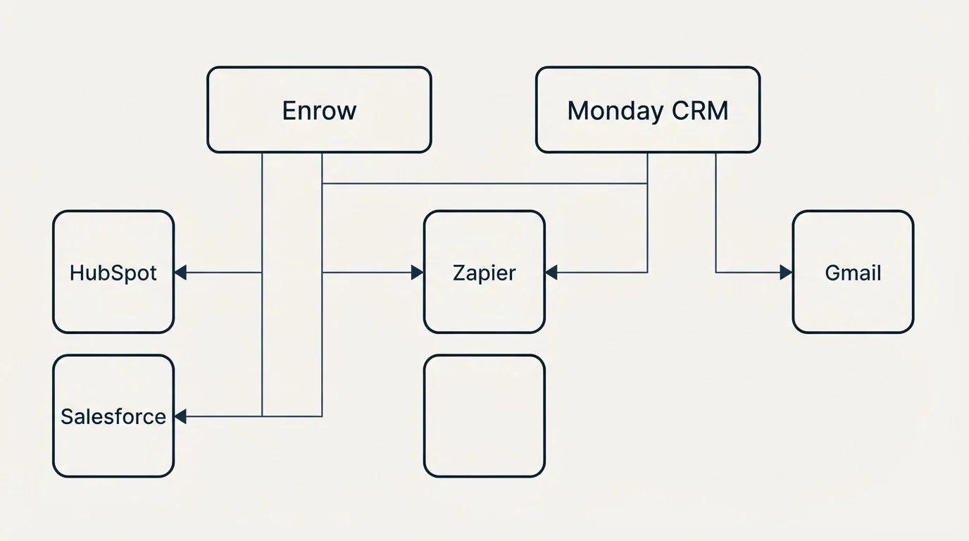 Integration grid: Integration Ecosystem (Enrow, Monday CRM, Zapier, HubSpot)
