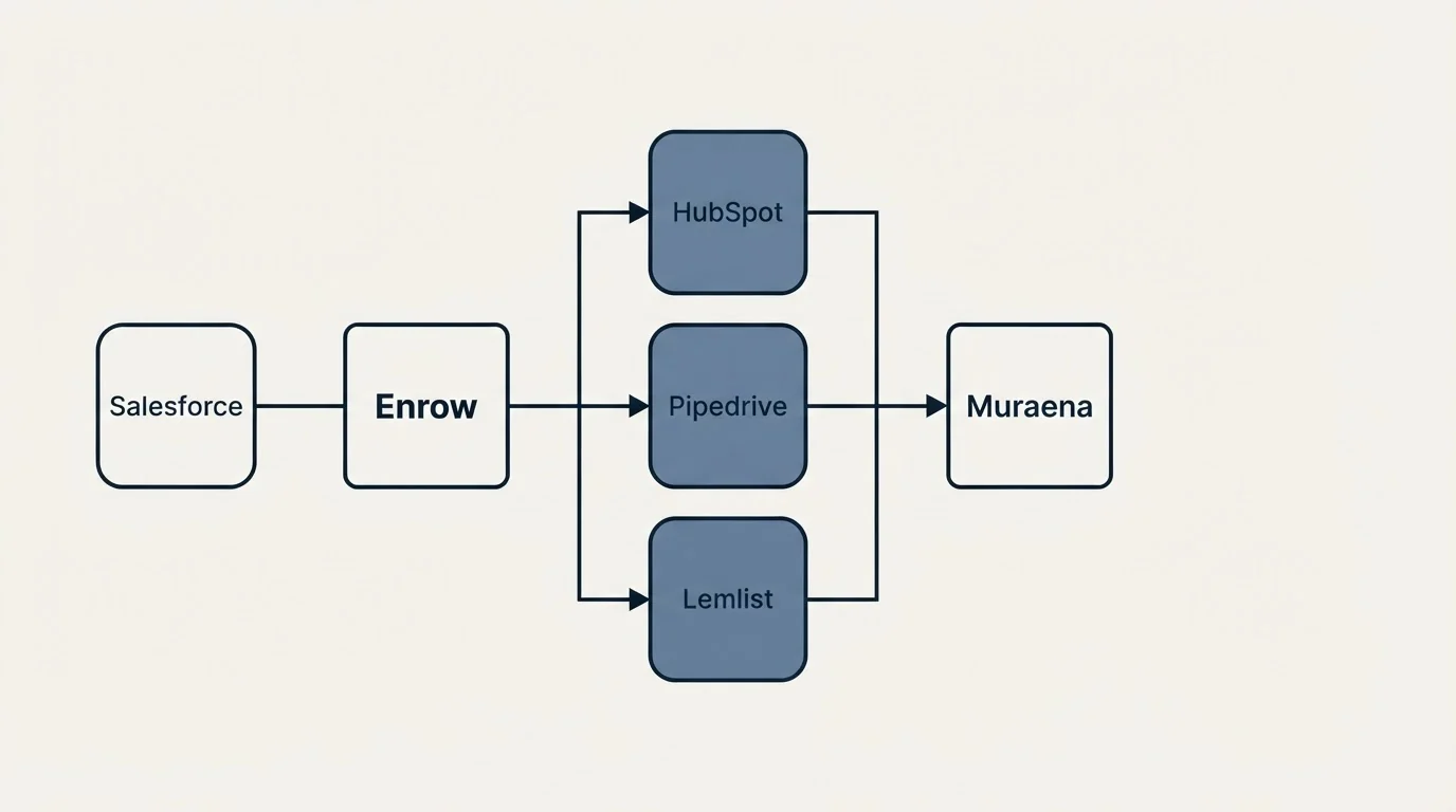 Integration flow: Integration Ecosystem (Enrow, Muraena, HubSpot, Pipedrive)