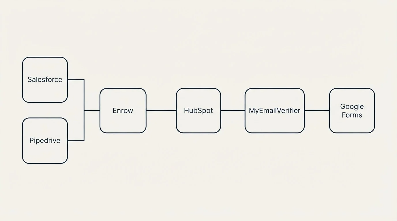 Integration flow: Integration Ecosystem (Enrow, MyEmailVerifier, HubSpot, Salesforce)