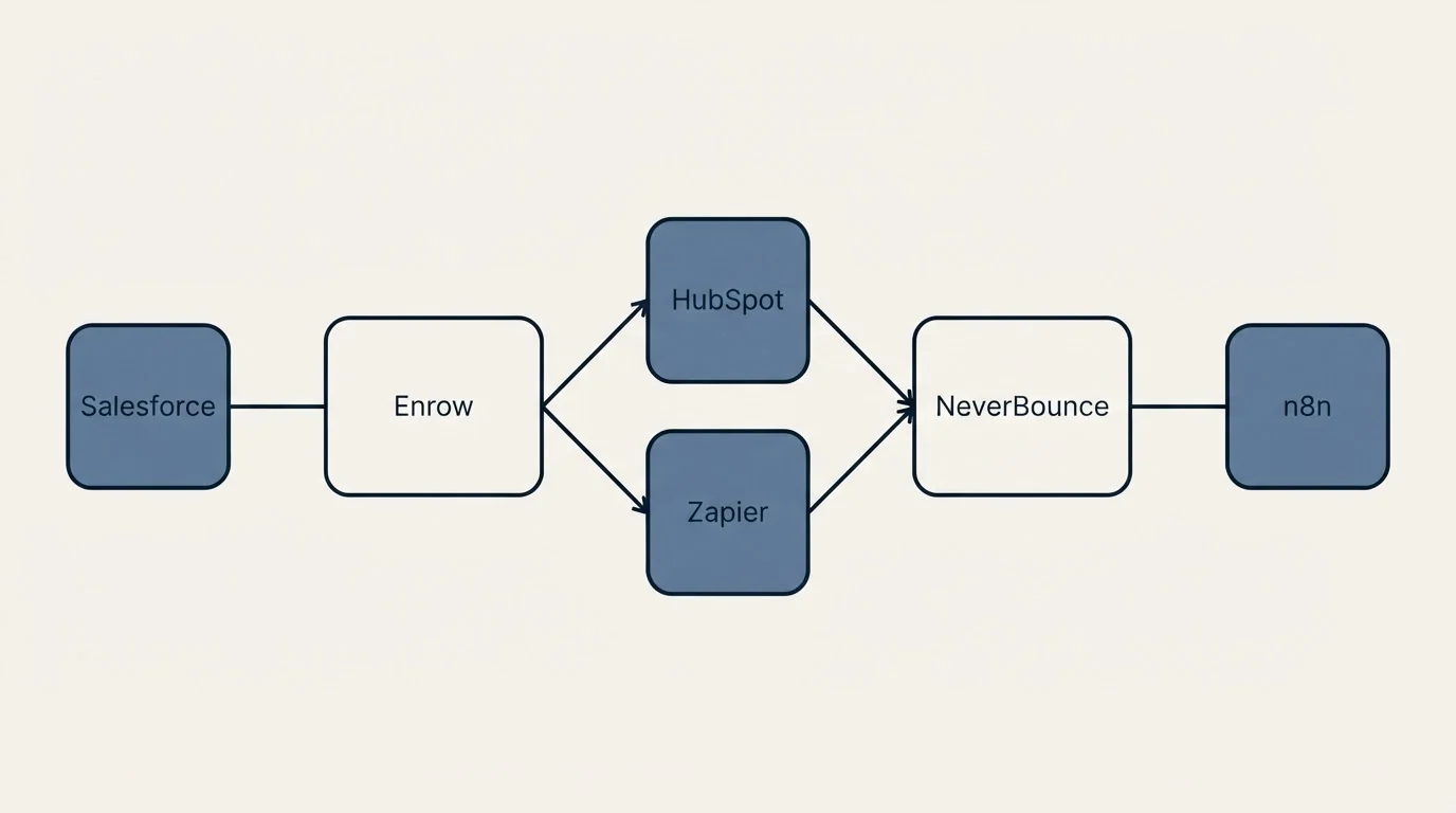 Integration schematic: Integration Ecosystem (Enrow, NeverBounce, HubSpot, Zapier)