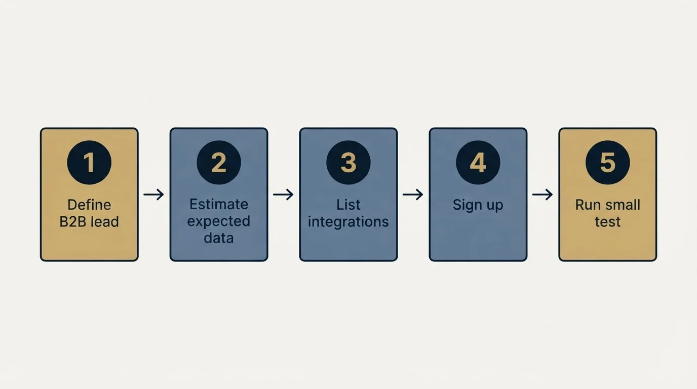Step sequence: Getting Started Checklist (Define B2B lead, Estimate expected data, List integrations, Sign up)