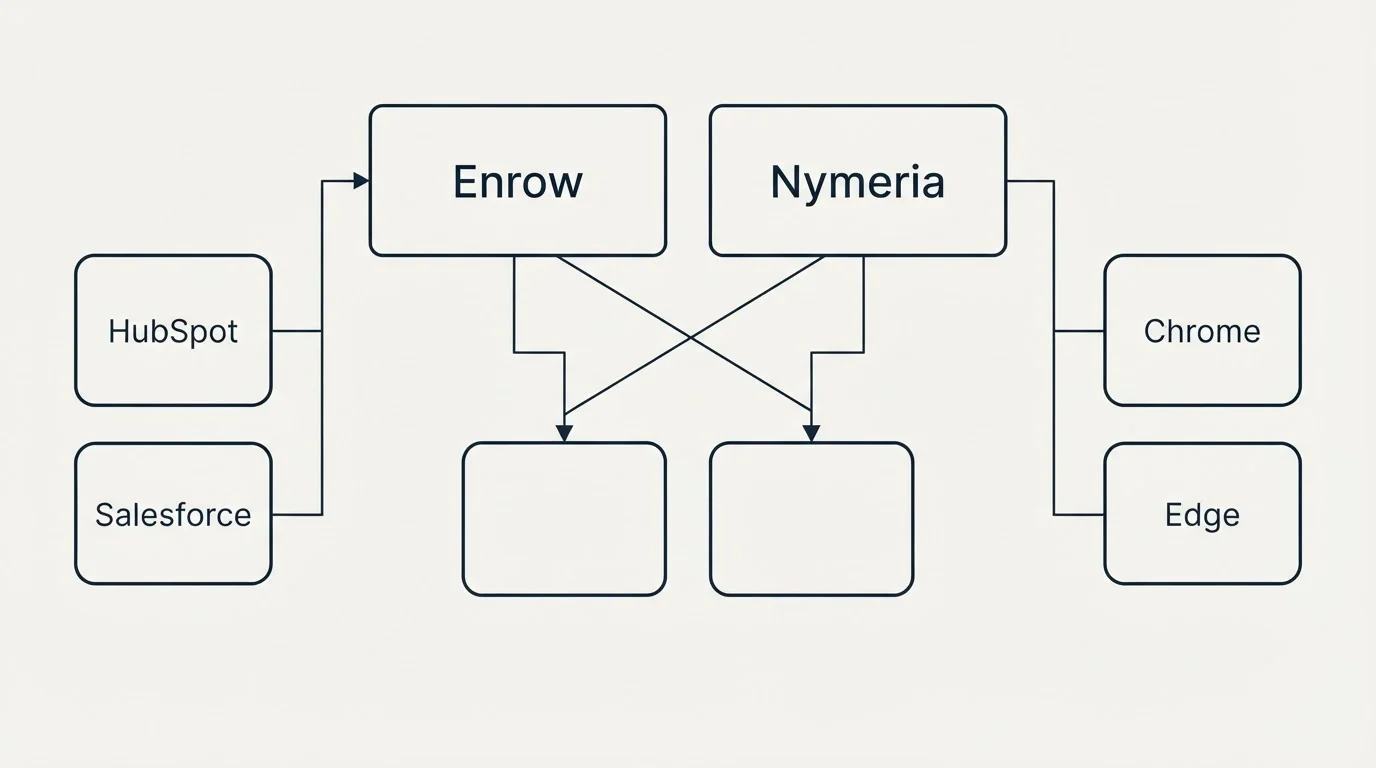 Integration grid: Integration Ecosystem (Enrow, Nymeria, HubSpot, Chrome)