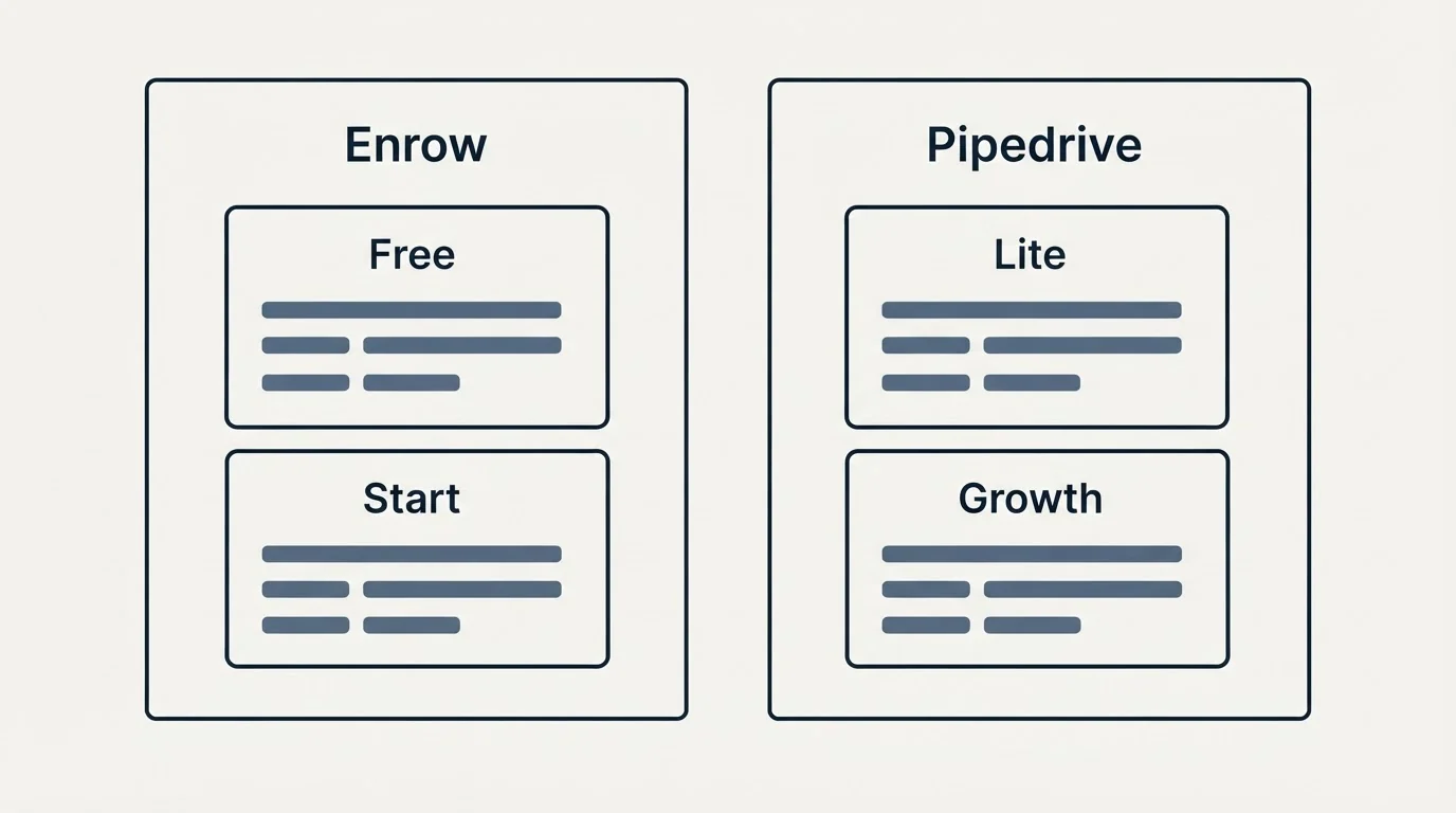 Pricing panels: Pricing Comparison (Enrow, Pipedrive, Free, Lite)