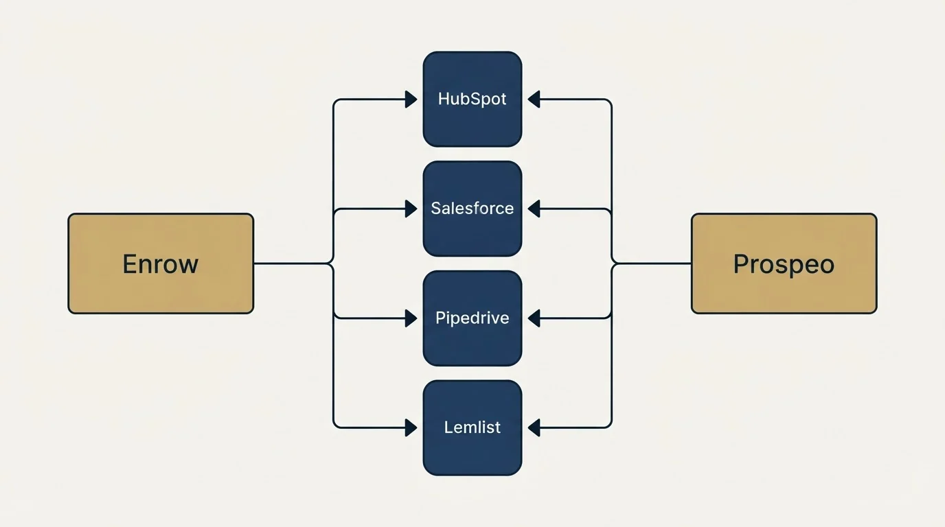 Integration flow: Integration Ecosystem (Enrow, Prospeo, HubSpot, Salesforce)