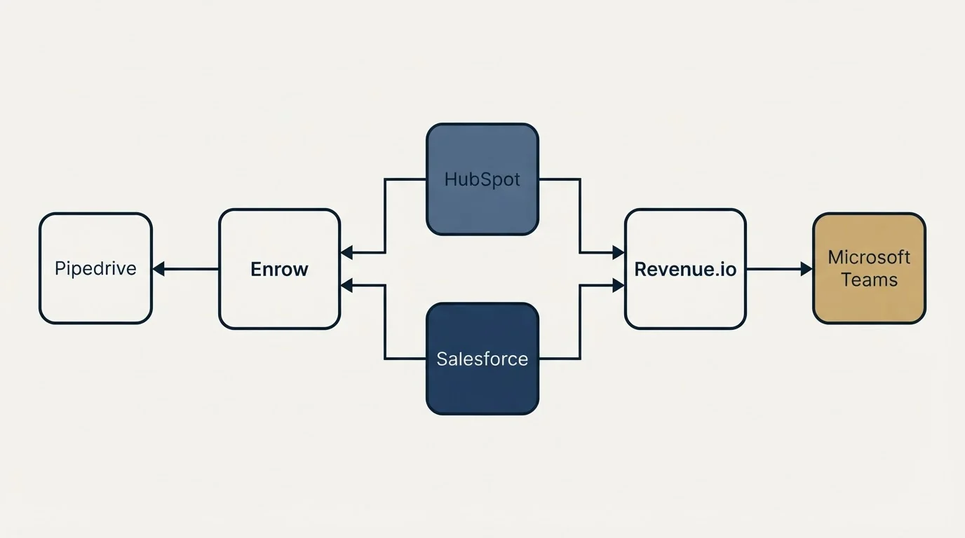 Integration flow: Integration Ecosystem (Enrow, Revenue.io, HubSpot, Salesforce)