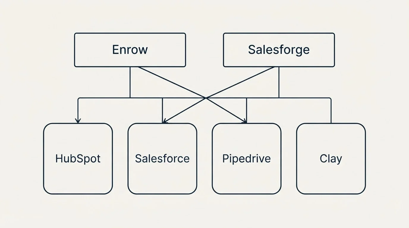 Integration grid: Integration Ecosystem (Enrow, Salesforge, HubSpot, Salesforce)