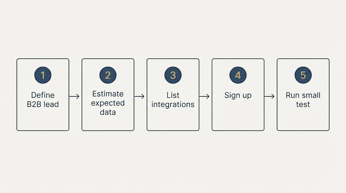 Step sequence: Getting Started Checklist (Define B2B lead, Estimate expected data, List integrations, Sign up)