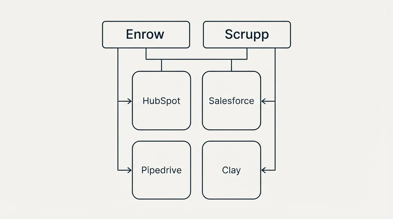 Integration grid: Integration Ecosystem (Enrow, Scrupp, HubSpot, Salesforce)