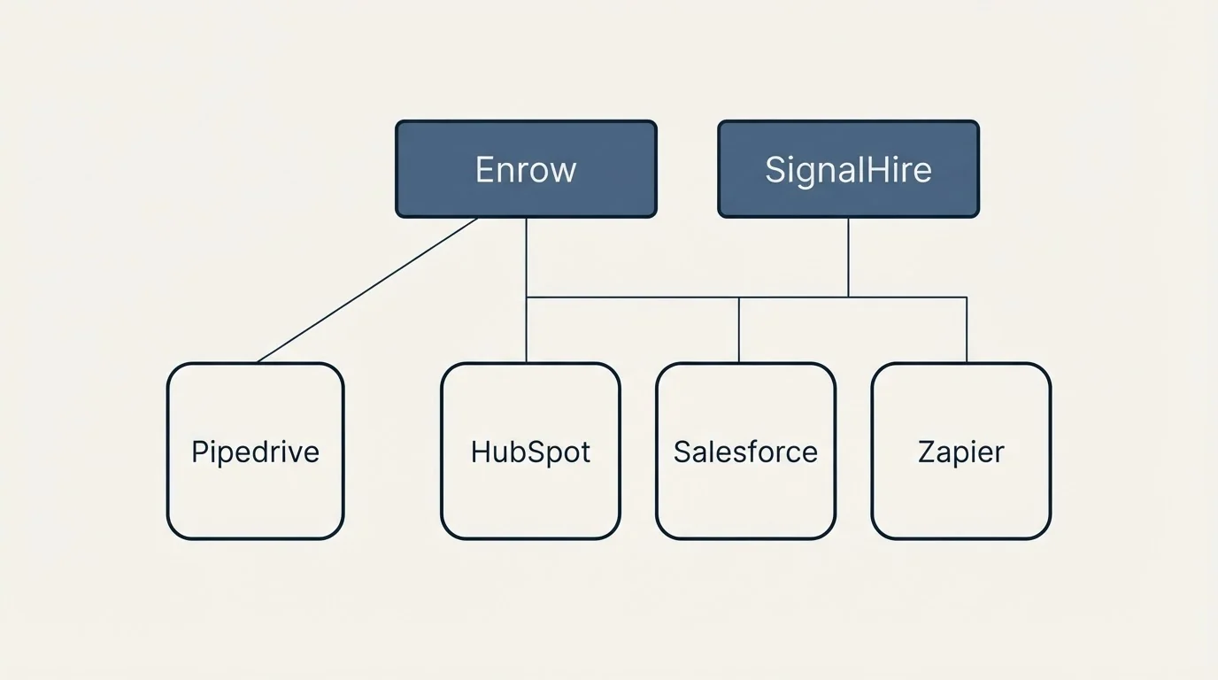 Integration grid: Integration Ecosystem (Enrow, SignalHire, HubSpot, Salesforce)