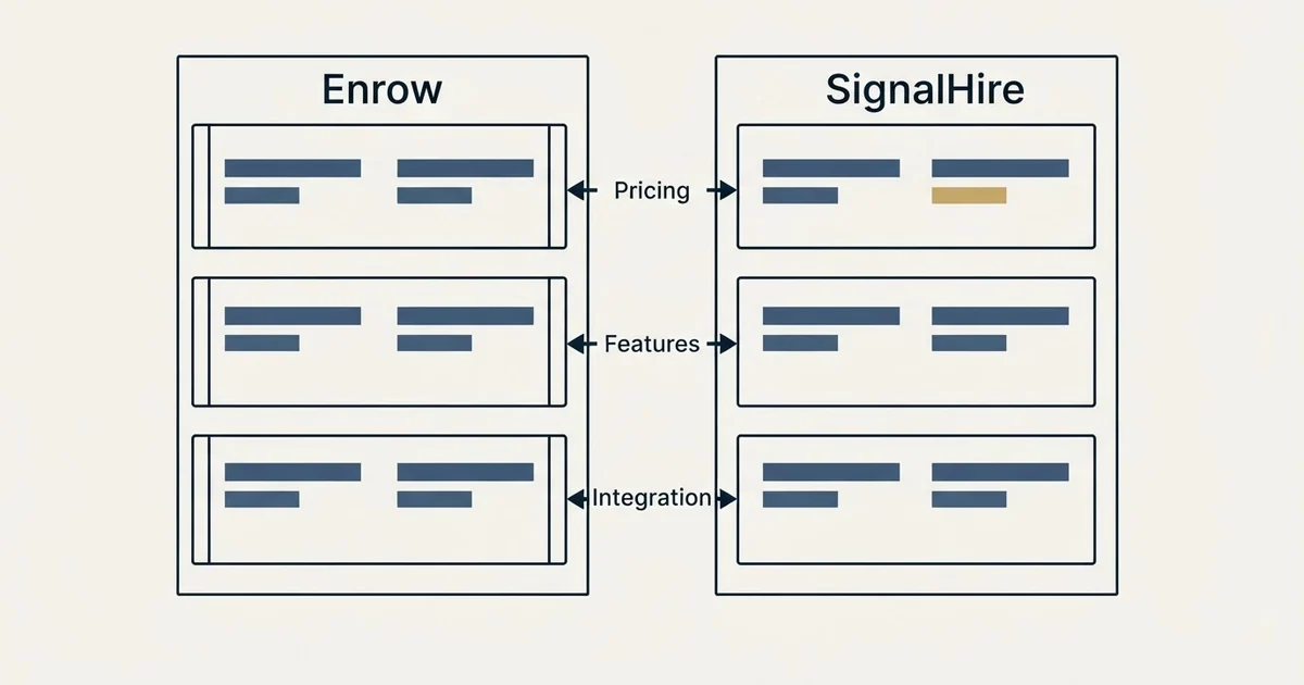 Comparison panel: Enrow vs SignalHire (Pricing, Features, Integration)