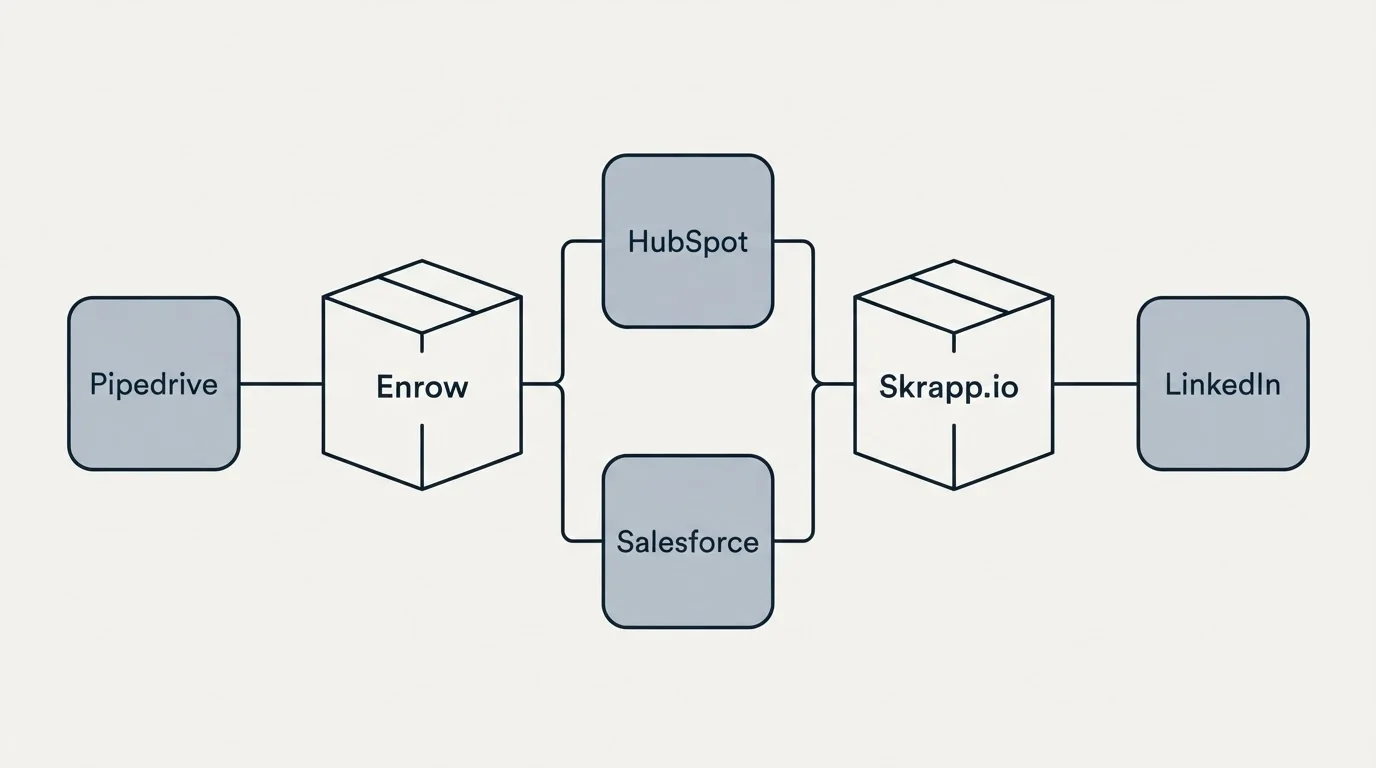 Integration flow: Integration Ecosystem (Enrow, Skrapp.io, HubSpot, Salesforce)