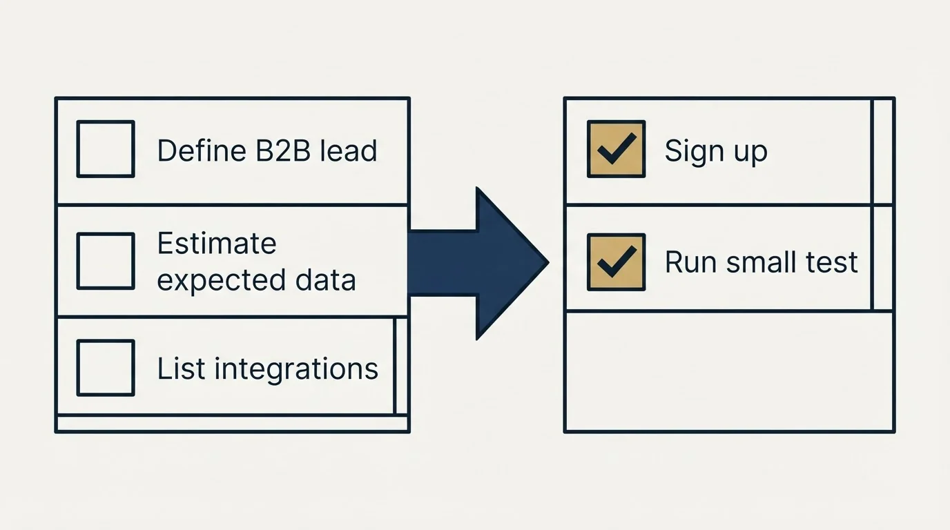 Before-and-after steps: Getting Started Checklist (Define B2B lead, Estimate expected data, List integrations, Sign up)