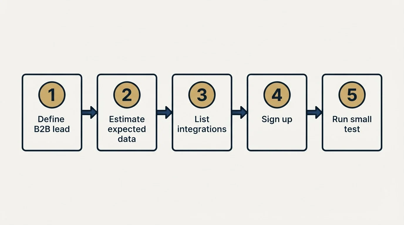 Step sequence: Getting Started Checklist (Define B2B lead, Estimate expected data, List integrations, Sign up)